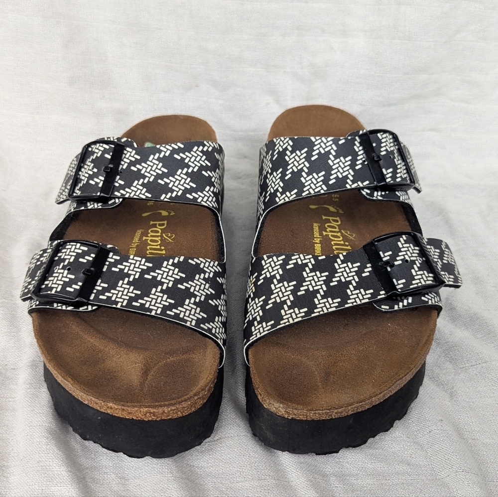 Papillio Birkenstock Arizona Platform Sandals White Knotted Geometric L8/39